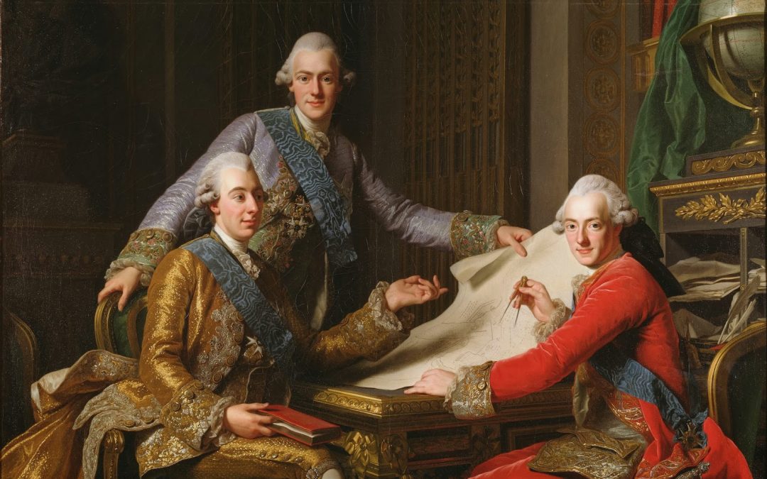 Kung Gustav III med bröderna prins Fredrik Adolf och prins Karl . Målning av Alexander Roslin (1771).