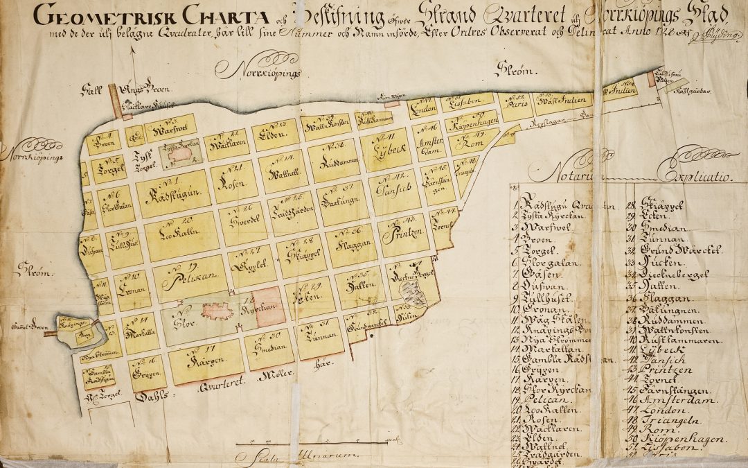 Geometrisk karta och beskrivning över Strandkvarteret uti Norrköpings stad med de där uti belägna kvadrater. Utförd 1728 av lantmätaren Sven Ryding.