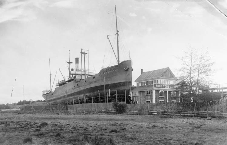 Ångaren Mongolia torrsatt för underhållsarbeten på Karlsro varv år 1924. Foto: Gustaf Lidberg. Ur Norrköpings stadsarkivs samlingar