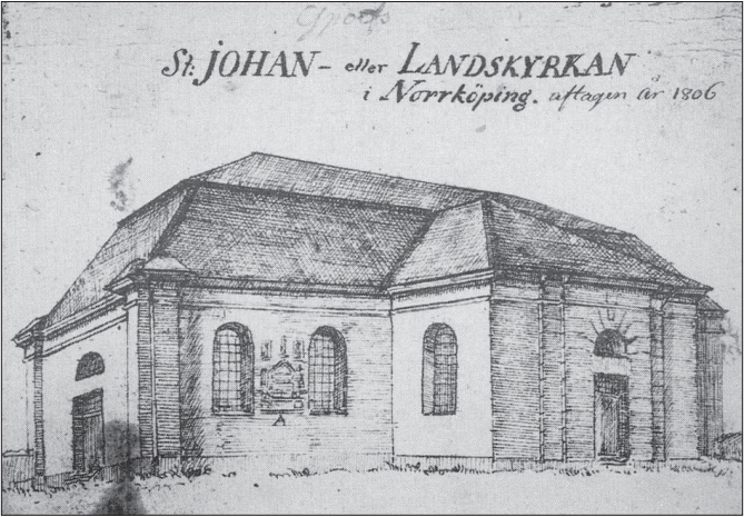 S:t Johannes kyrka. Teckning av Johan Fredrik Kock 1806.