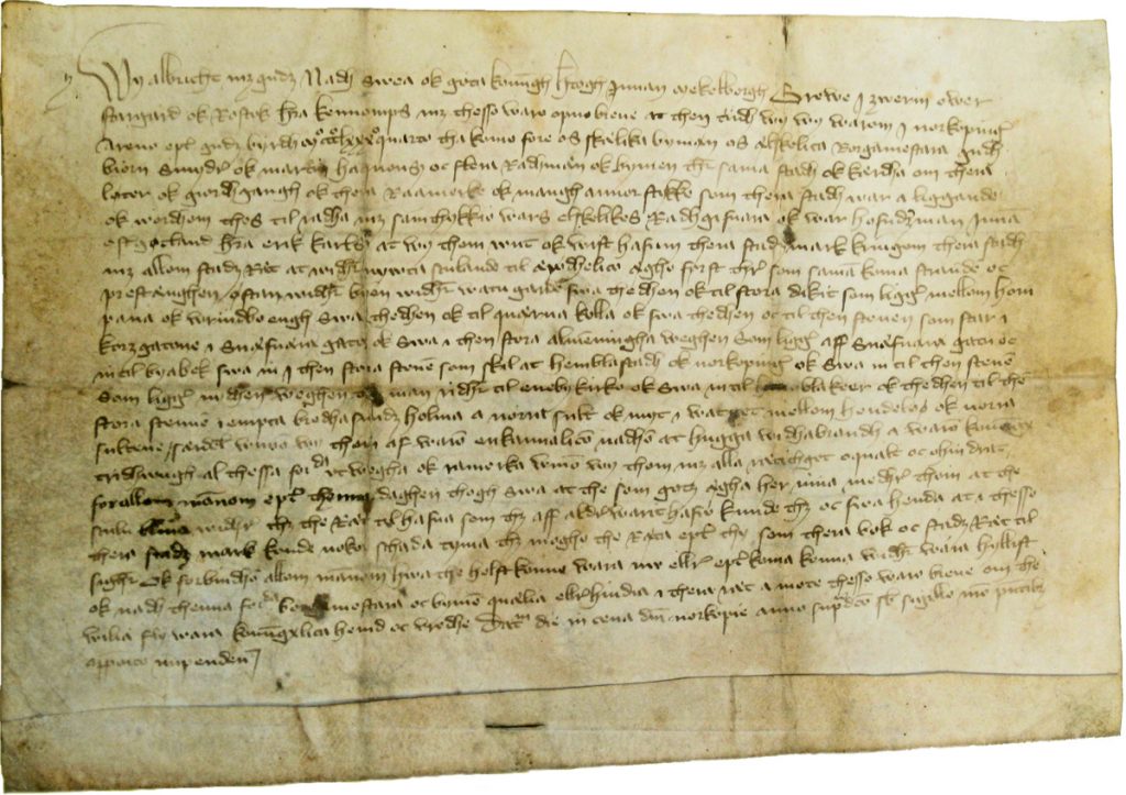 Norrköpings äldsta bevarade privilegiebrev, utfärdat av Albrekt av Mecklenburg den 7 april 1384. Foto: Norrköpings stadsarkiv.