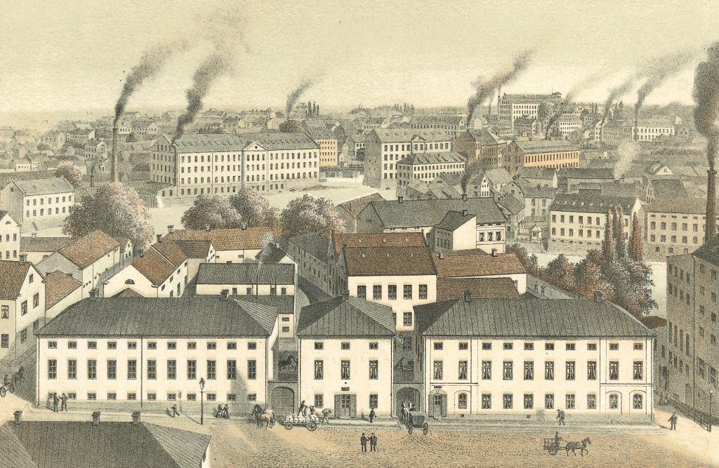 Swartz’s Snusfabrik, Norrköping. Litografi ur boken ”Sveriges industriella etablissementer”, Stockholm 1870–1872.