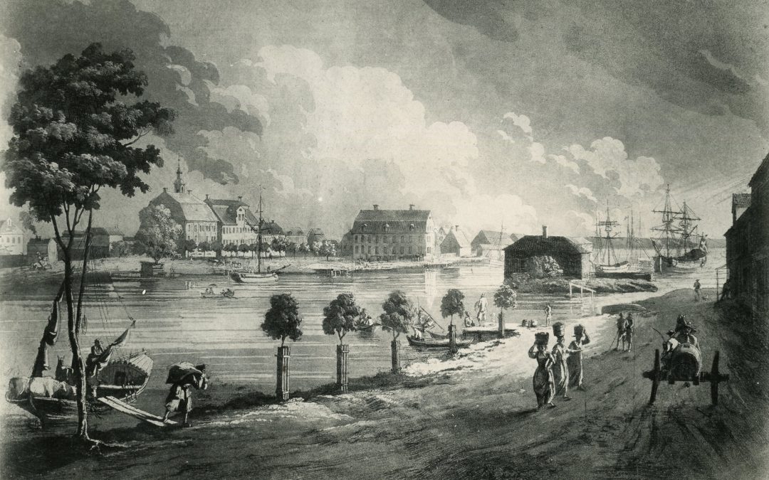 Hamnen med Saltängen i bakgrunden. Efter J. F. Martins kopparstick omkring år 1800. Foto ur Norrköpings stadsarkivs samlingar.