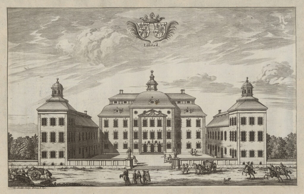 Löfstad slott i planschverket ”Suecia antiqua et hodierna”, graverad av Willem Swidde 1694